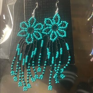 Turquoise and Black Beaded Flower Earrings